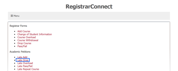 screenshot of the Student Forms page in Registrar Connect with a blue box highlighting the Late Drop link