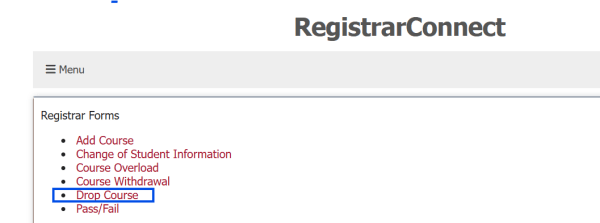 scree shot of the student forms page in Registrar Connect with the Drop Course form link highlighted in a blue box.