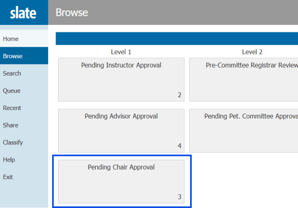 screen shot of the registrar tickets workflow with the pending chair approval bin highlighted.
