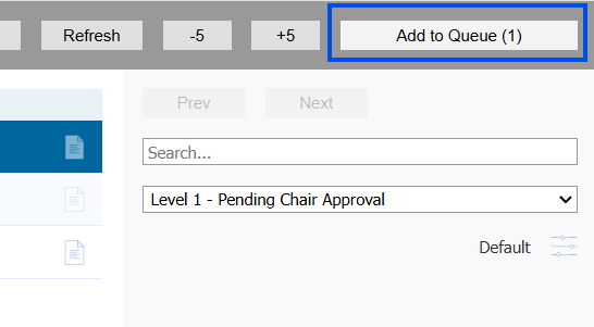 screen shot of the add to que button highlighted in a blue box
