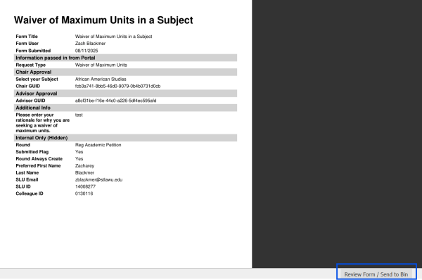 screen shot of the slate request with the review form/send to bin button highlighted