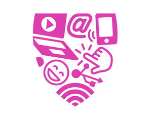 Pink digital wellness shield icon featuring a laptop, smartphone, @ symbol, hand gesture, smiling emoji, share icon, and Wi-Fi symbol. 