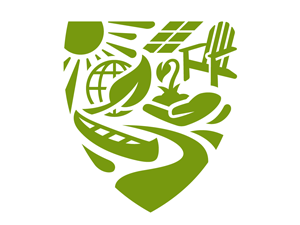 Green shield-shaped icon featuring a sun, leaf, globe, solar panels, Adirondack chair, canoe, fountain, and winding path.