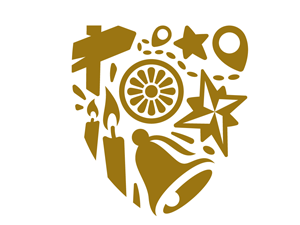 Gold shield-shaped icon featuring a bell, candles, stars, location marker, directional sign, and circular window design.