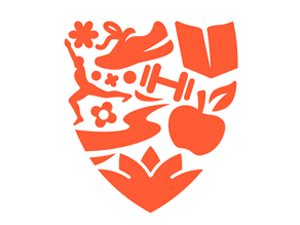 Orange shield-shaped icon featuring a book, apple, dumbbell, sneaker, flowers, a figure in motion, and a path.