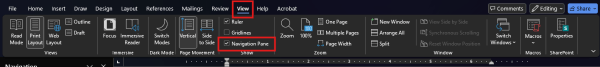 Screenshot of the toolbar in Microsoft Word showing the "View" tab. The tab and the option "Navigation Pane" are highlighted with red boxes.