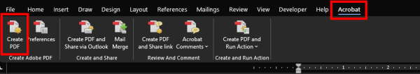 Screenshot of the toolbar in Microsoft Word showing the "Acrobat" tab. The tab and the option "Create PDF" are highlighted with red boxes.