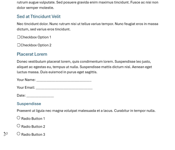 Screenshot of a sample form document in Microsoft Word showing the different types of visual aids that can be added to help Adobe Acrobat recognize form fields. There are squares next to checkbox fields, underlines following text field labels and circles next to radio button options.