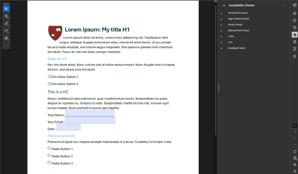 Screenshot of Adobe Acrobat with a document and the Accessibility Checker tool open. The Checker is showing multiple issues wrong with the document on the screen.