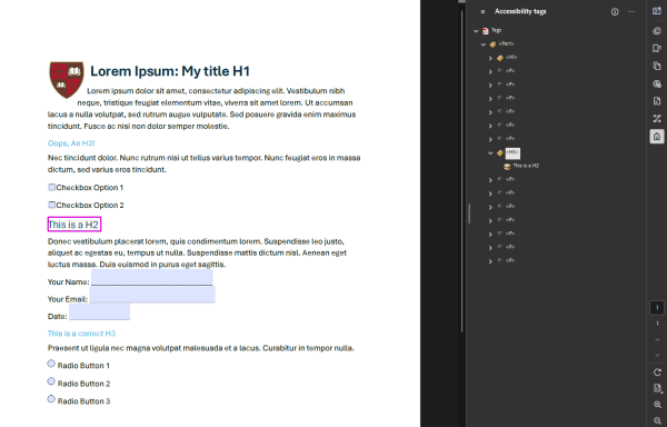 Screenshot of Adobe Acrobat showing a document and the Accessibility Tags panel. An element that is labeled incorrectly is highlighted in the panel and on the document.