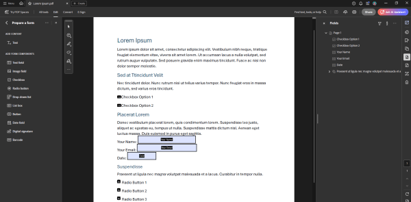 Screenshot showing the various menus when in the "Prepare a Form" tool in Adobe Acrobat. On the left, is a sidebar full of form field options to add to the document in the middle. The right side shows a sidebar listing the current form fields in the document.
