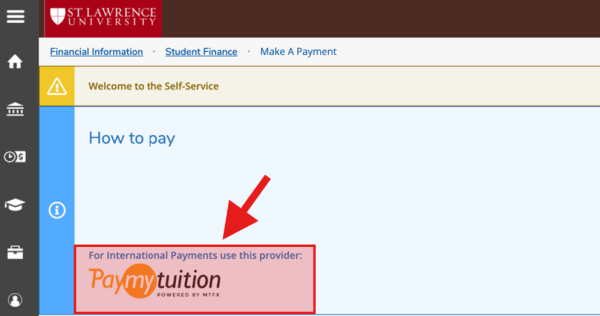Screenshot of the Self-Service Student Portal, showing a PayMyTuition button under the Student Finance section.