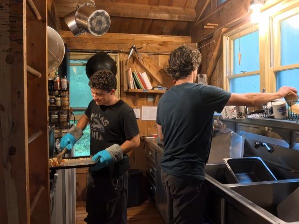 Luke McChesney and Kyle Gaffney cooking their first Arcadian dinner.