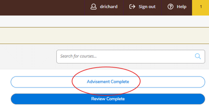 The registration interface shows the "Advisement Complete" status highlighted, indicating that the advising requirement has been satisfied.