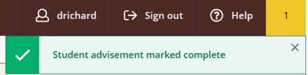 A success notification confirms that the student's advisement status has been marked complete.