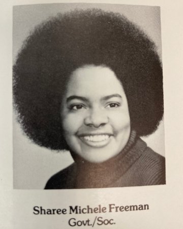 A black and white yearbook headshot of Sharee Freeman from 1976.