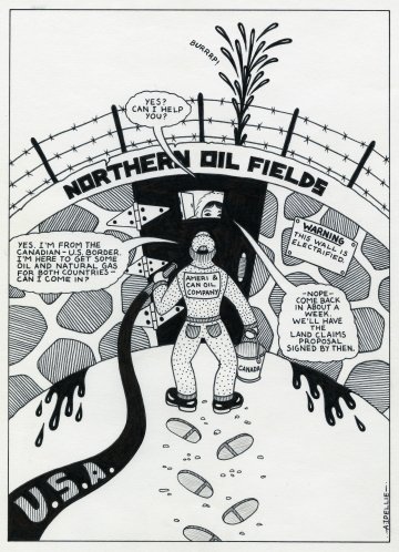 drawing of man standing before "Northern Oil Fields"