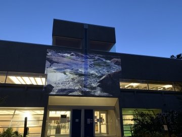 water imagery projected onto SLU library