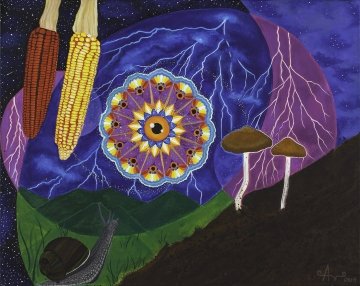 painting of corn, mushroom, and snail