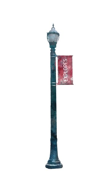 A watercolor illustration of a street lamp with a sign hanging off that reads the word Explores.
