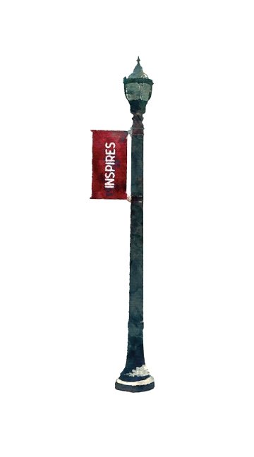 A watercolor illustration of a street lamp with a sign hanging off that reads the word Inspires.