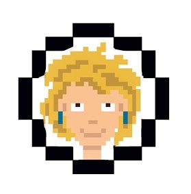 A pixelated graphic of a student with blonde hair and earrings. 