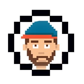A pixelated graphic of a student with a beard wearing a hat.