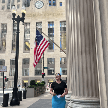 Haydee Matos outside the Chicago Board of Trade.