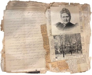 A stack of worn, yellow journal papers that show faded writing, a black and white portrait of Alice French, and a black and white photo of a large home surrounded by trees.