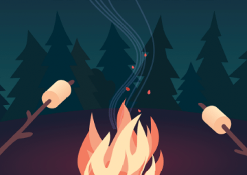 A graphic of golden marshmellows on brown sticks hover over orange and yellow campfire flames.