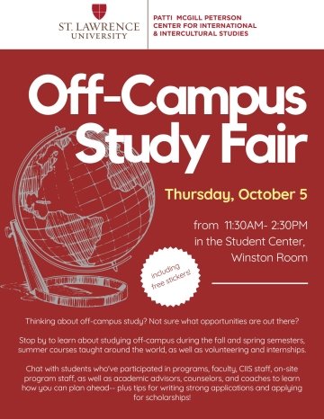 Red poster with white text advertising the Off-Campus Study Fair