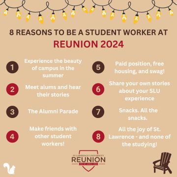 8 REASONS TO BE A STUDENT WORKER AT REUNION 2024 graphic