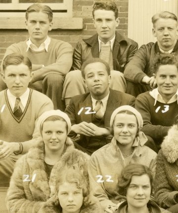 Old sepia-tone yearbook photo scan of the Class of 1933 as sophomores. Jeffrey Campbell is the only Black student in the group.