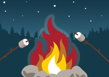 red fire with starry sky background and marshmallows on sticks