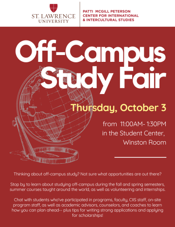 Red poster with white text advertising the Off-Campus Study Fair