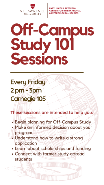 White poster with red text advertising Off-Campus Study 101 Sessions