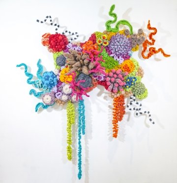 Mulyana, Harmony 60 and Xenia, 2024, yarn, Dacron, plastic net, cable wire, felt, beads