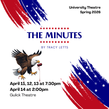 Poster image including a bald eagle holding cherries with dripping blood in its mouth with a swipe of red and blue with stars