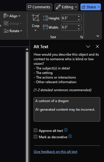 Screenshot of the Alt Text pane in Microsoft Word. The pane describes what Alt Text is and has a text box for the user to enter their own text for the selected image.