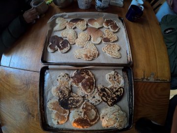 Heart-shaped pancakes for breakfast.