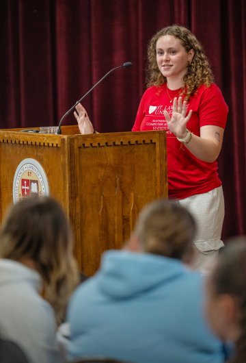 McKayla Tyson '27 speaking to visiting high-school students