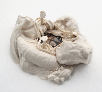 Rachael Marne Jones, Still Life: The Well, mid-range porcelain, glaze, bronze, 2025
