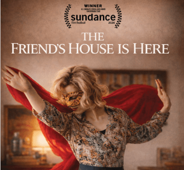 Promotional image for The Friend’s House Is Here featuring a woman dancing with a flowing red scarf.
