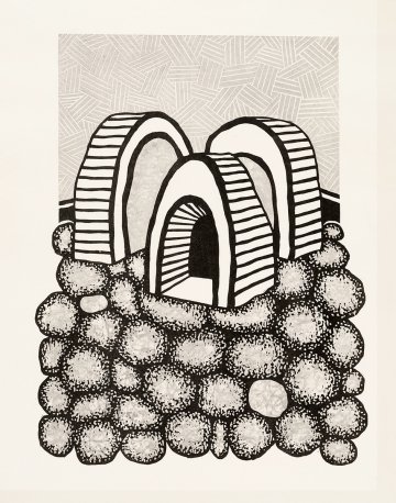 Melissa Schulenberg, door to good fortune, mokuhanga and gold leaf with shomenzuri, 2024