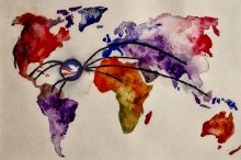 A watercolor illustration of the globe with a peace corps logo that has arrows pointing all across the world. 