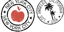 An illustration of New York City and Los Angeles stamps.