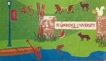 watercolor graphic of campus scene with animals and canoe