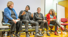 From left to right: Trudy Lewis, Okey Ndibe, Robin Hemley, and Stephanie Elizondo Griest speaking to students, faculty, staff, and local residents in Carnegie 10 as part of the latest Writers Series panel