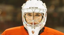 Emma Nordstrom wearing a goalie mask.